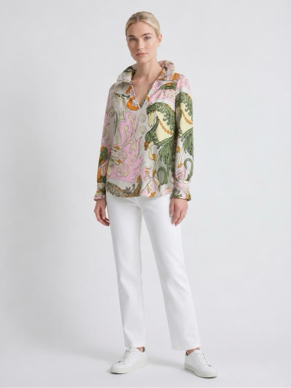 CK Bradley Printed Button-Down Blouse in Pink and Green